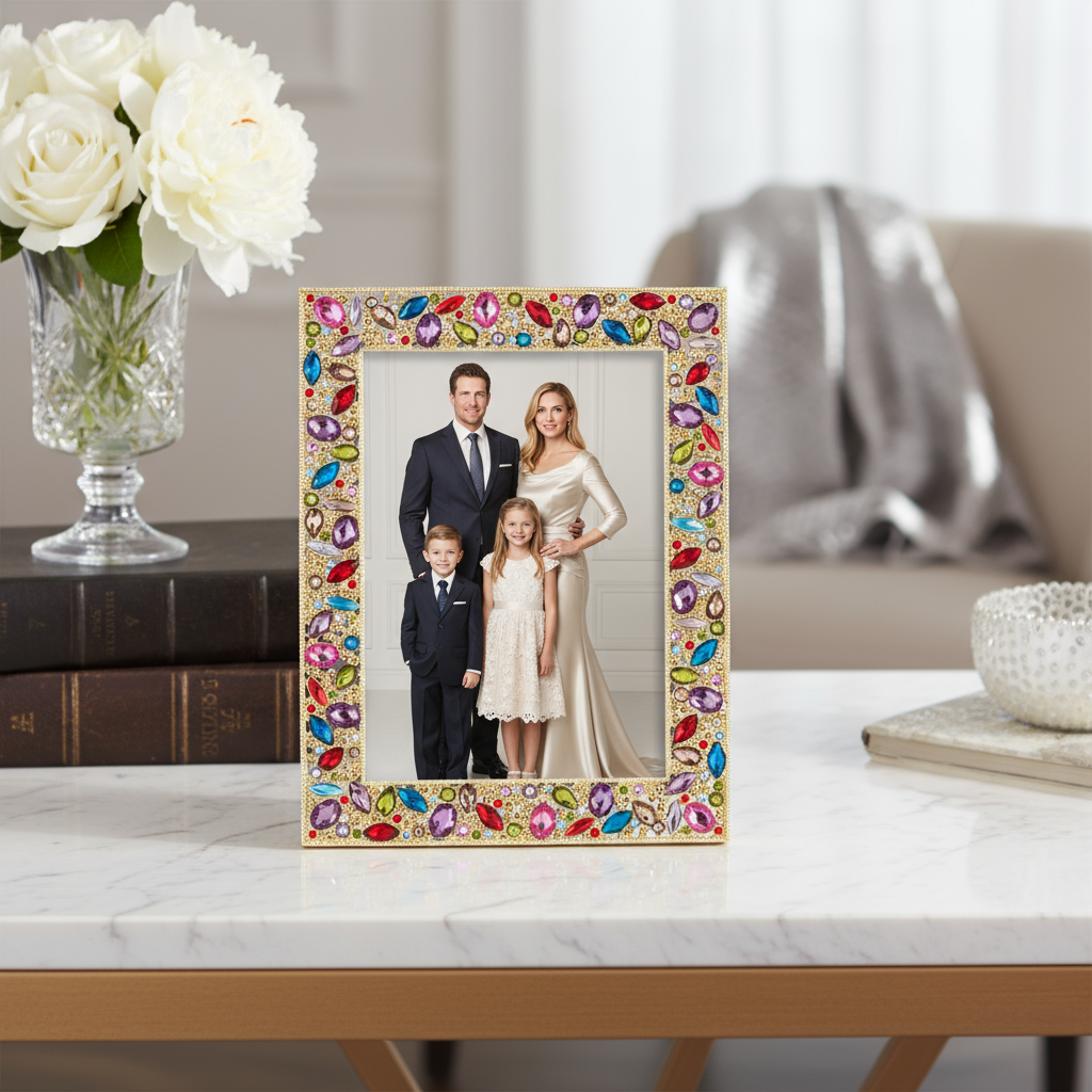 Dominique frame with colorful gemstones on a table with a family portrait inside.