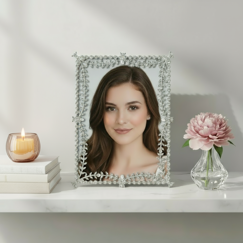 Kensington frame on a shelf with books and a candle