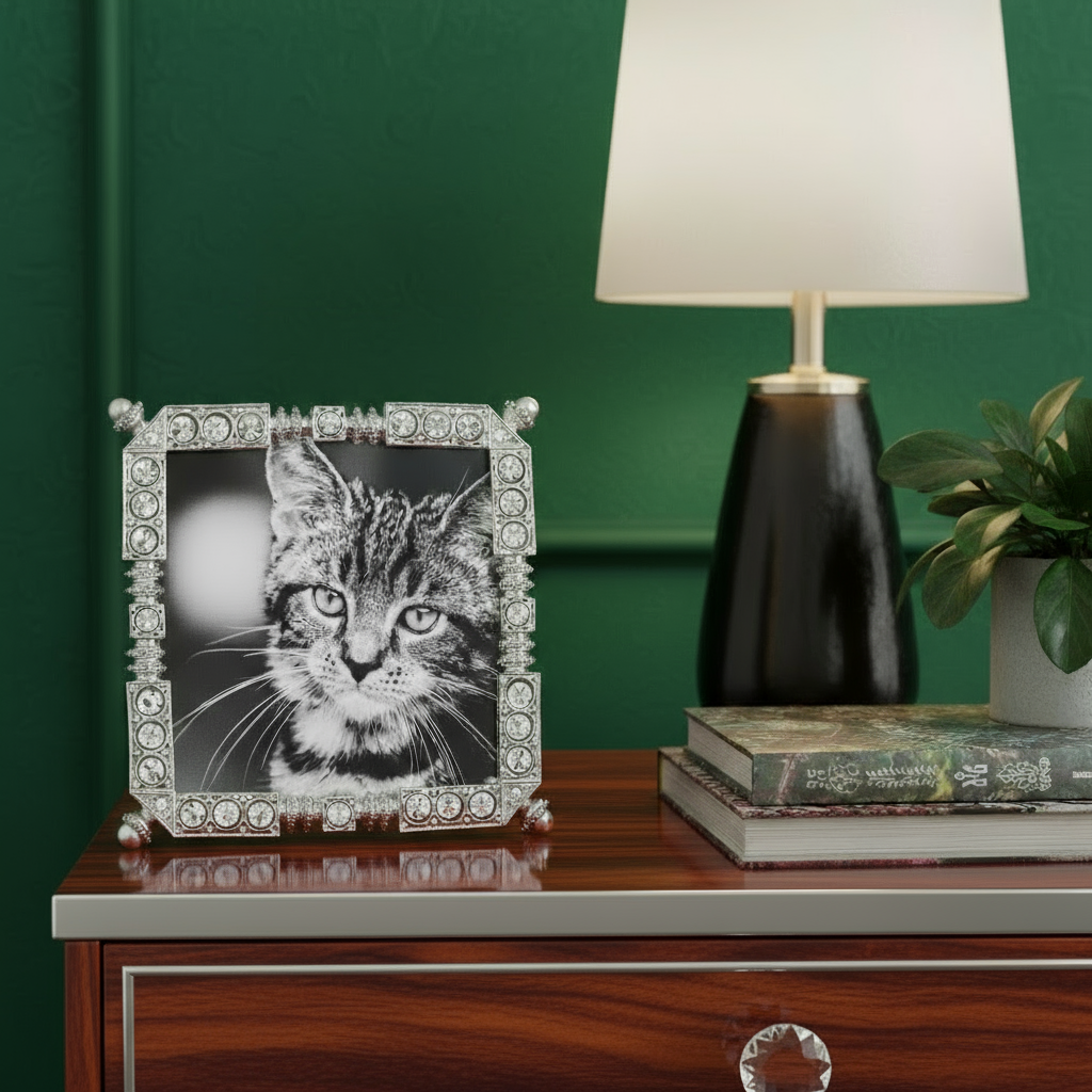 Madison square frame with a cat's face on a wooden surface against a green wall.