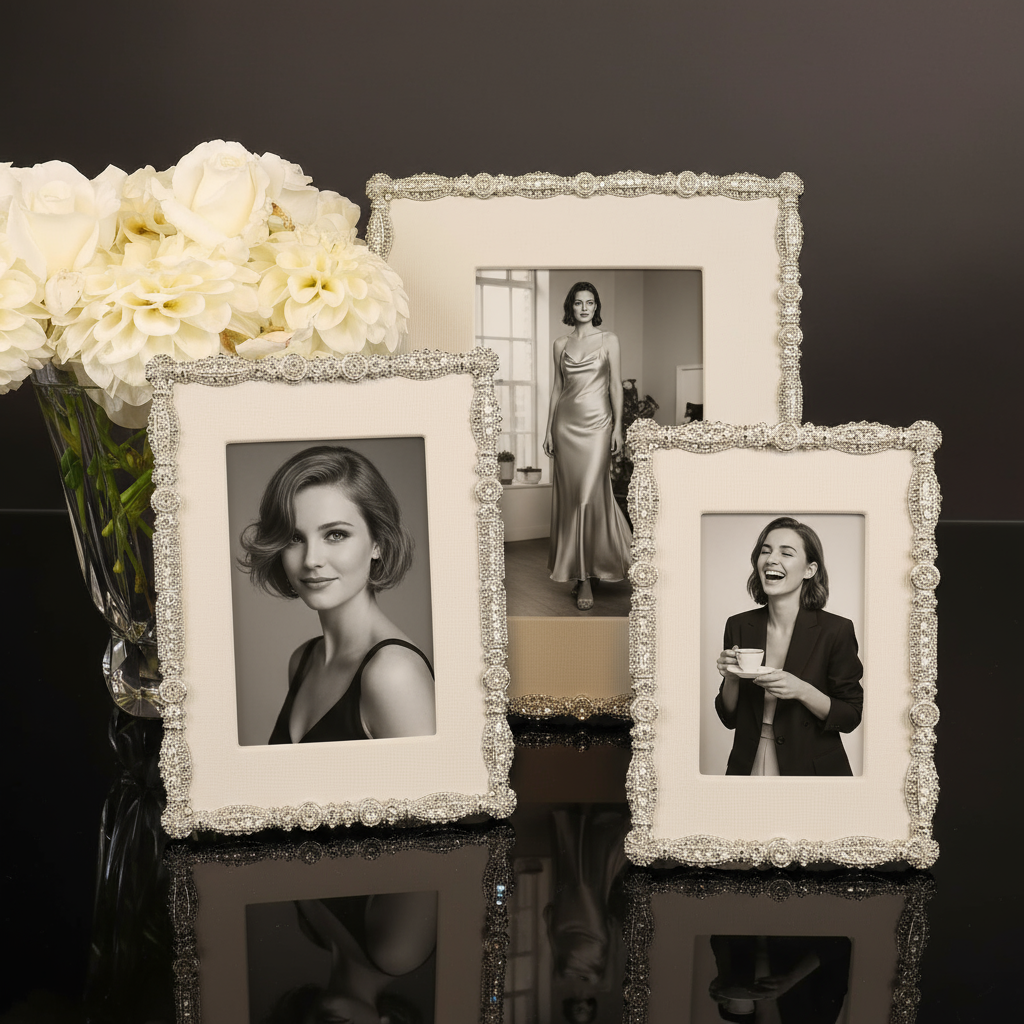 Three Silver Asbury frames with black and white photos of women on a dark surface with flowers.