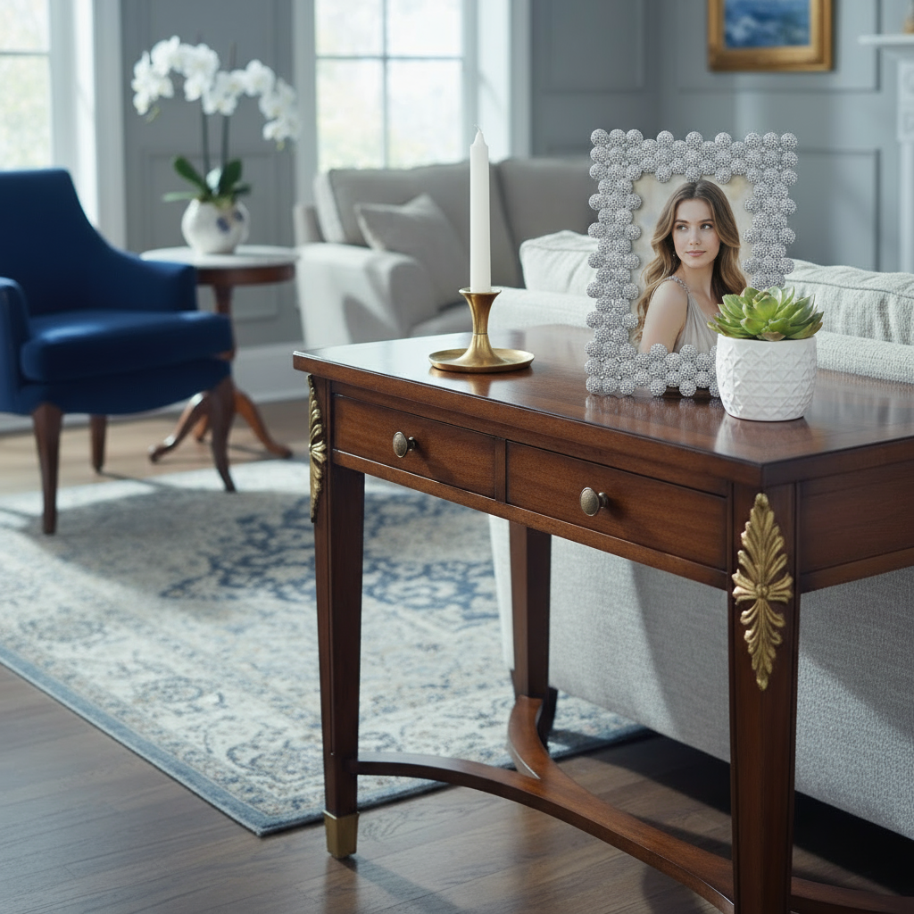 Wooden table with Marley frame in a living room setting