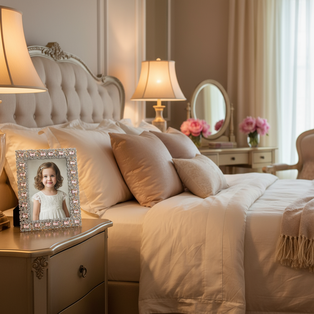 Neatly made bed with decorative pillows, a lamp, and a Rose Genevieve frame on a nightstand.