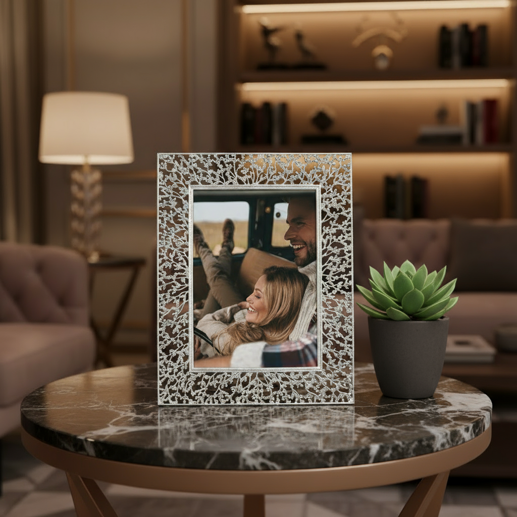 Silver Isadora frame with a couple's picture on a marble table in a living room.
