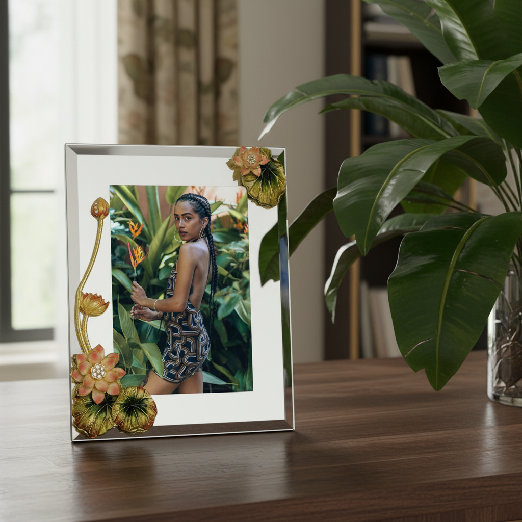 Botanica Lotus Frame with a photo of a person in a garden setting on a wooden surface with a plant in the background.