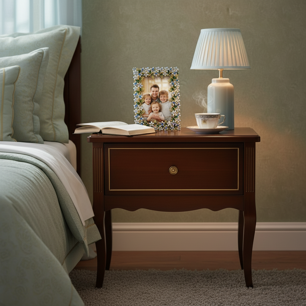 Wooden nightstand with a lamp, Daphne frame, and book next to a bed in a bedroom.
