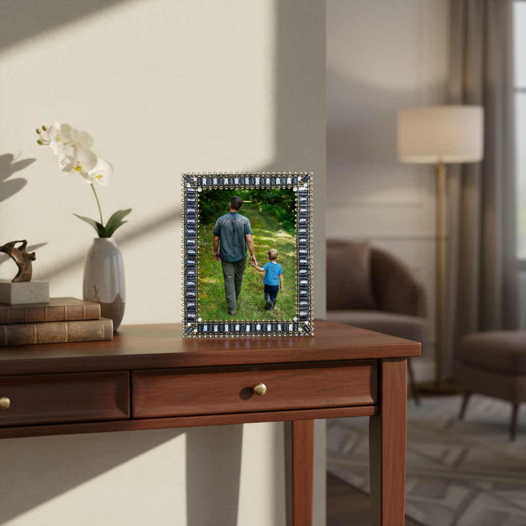 Copenhagen Frame with a photo of a man and child holding hands on a wooden table with a blurred background
