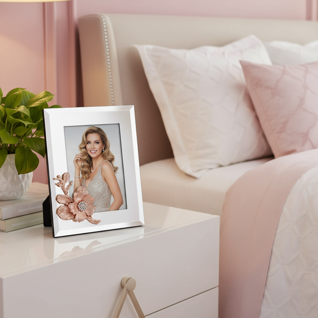 Rose gold Botanica frame on nightstand next to pink bed.