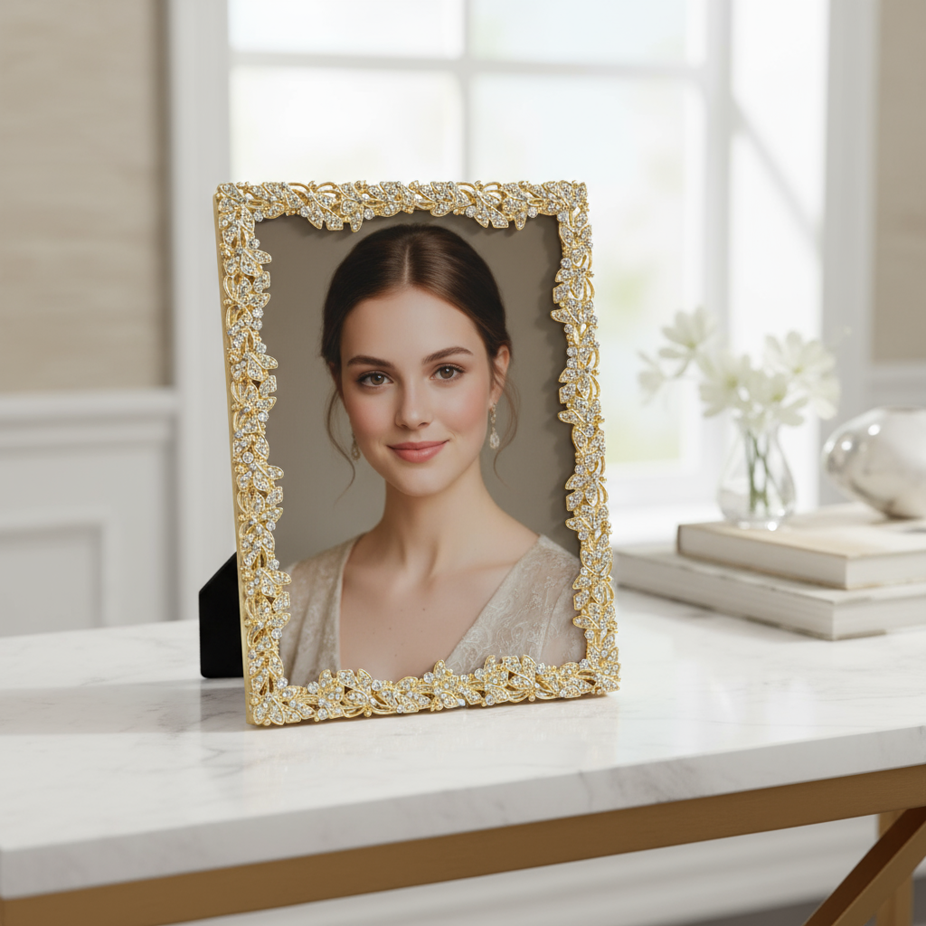 Gold Lottie frame with a woman's portrait on a marble surface