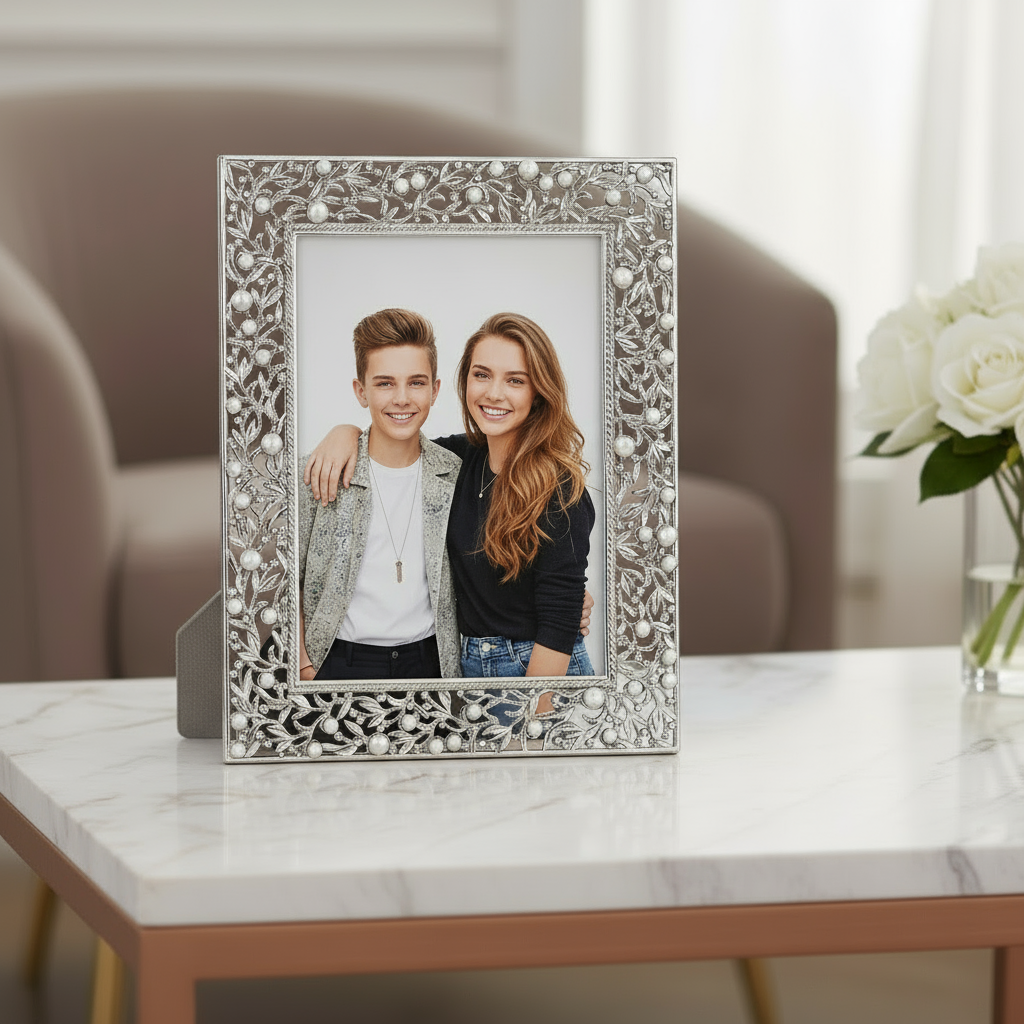 Silver Eleanor frame with a family portrait on a marble surface.