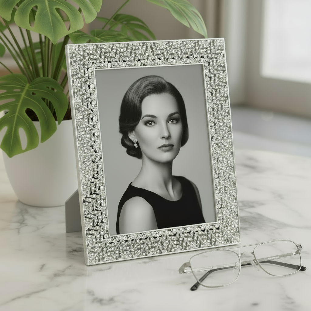Silver Florence 5x7 frame on a marble end table