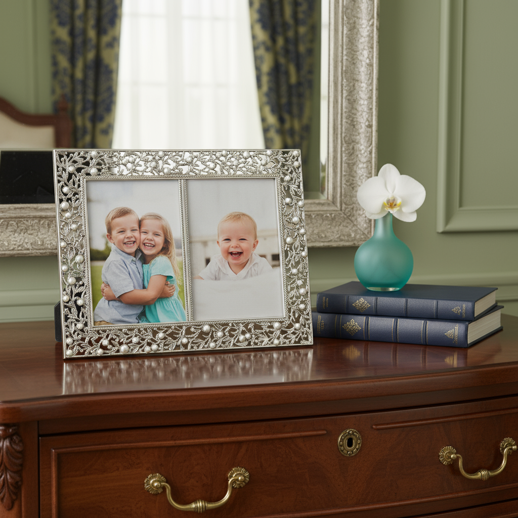 Silver Eleanor Double frame with family pictures on a wooden surface with books and a vase.