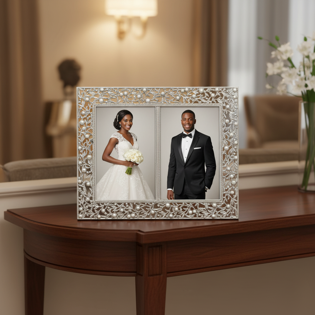 Eleanor double frame with photos of a bride and groom on a wooden table.