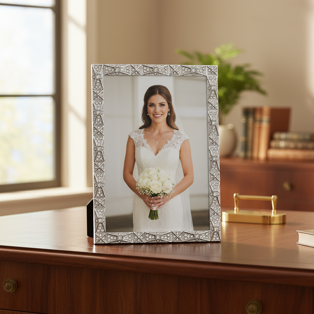 Remy frame on a wooden desk with a photo of bride holding flowers.