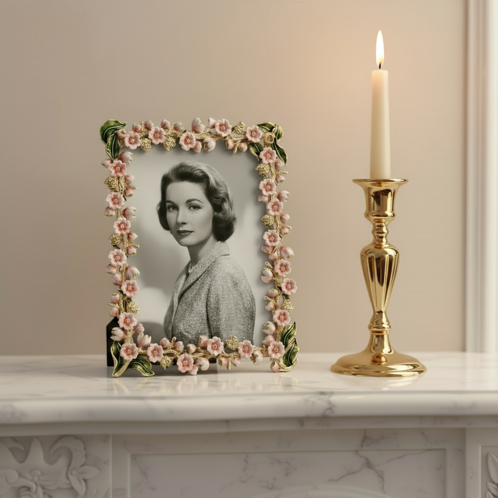Floral Bella frame with a black and white portrait on a marble surface next to a gold candlestick.