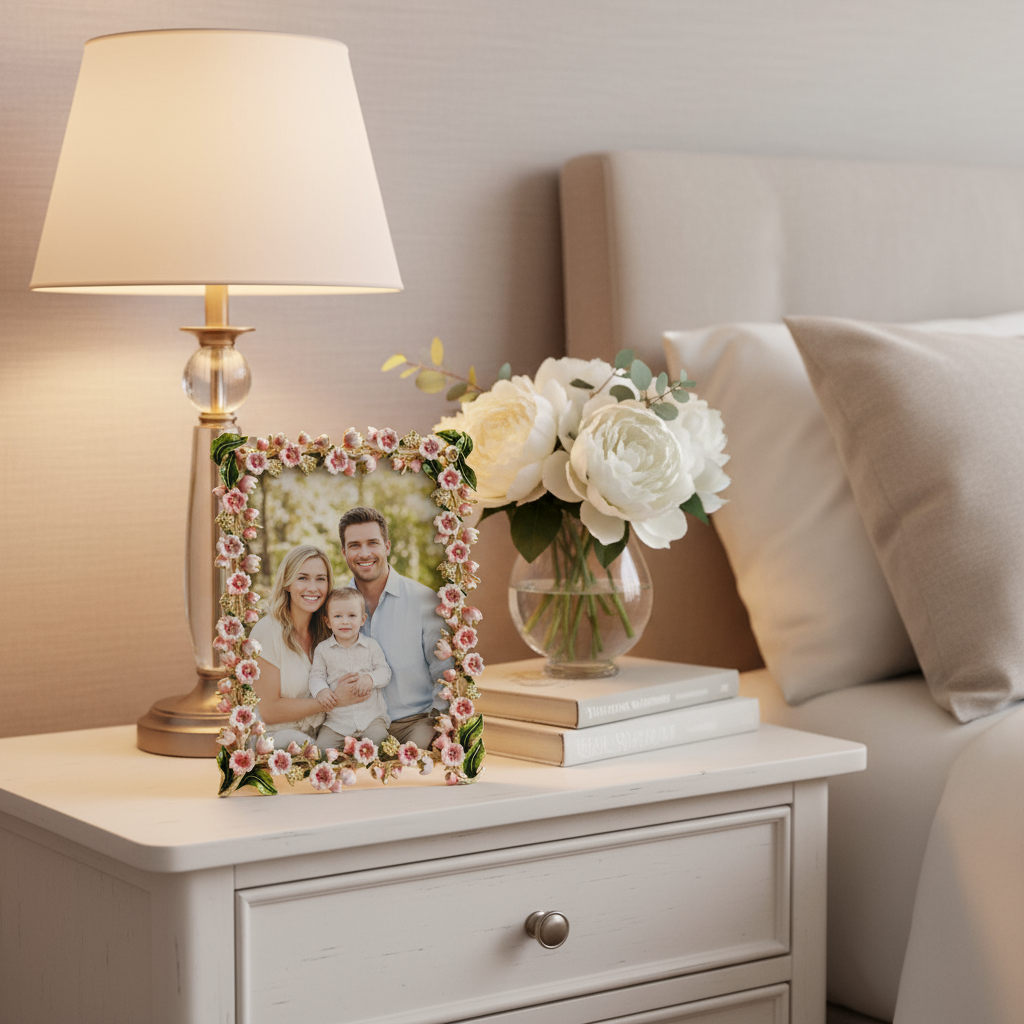 Bella Frame on nightstand in a white bedroom