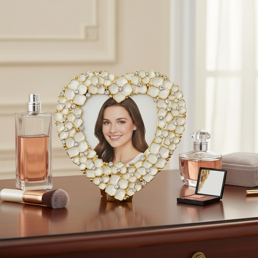 Dogwood Heart frame with a photo of a woman, placed on a vanity table with perfume and makeup.