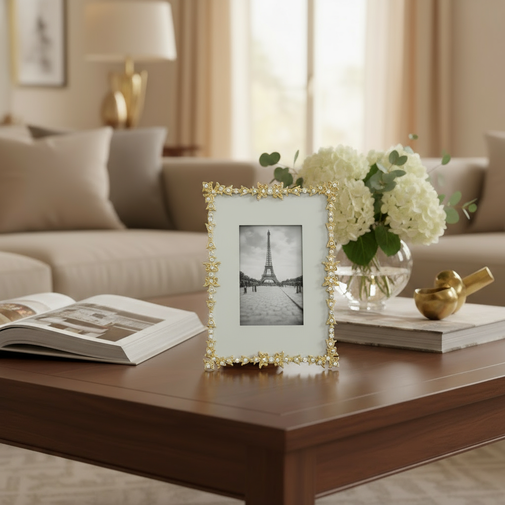 Gold Luxembourg frame on a coffee table with flowers and books in a living room setting