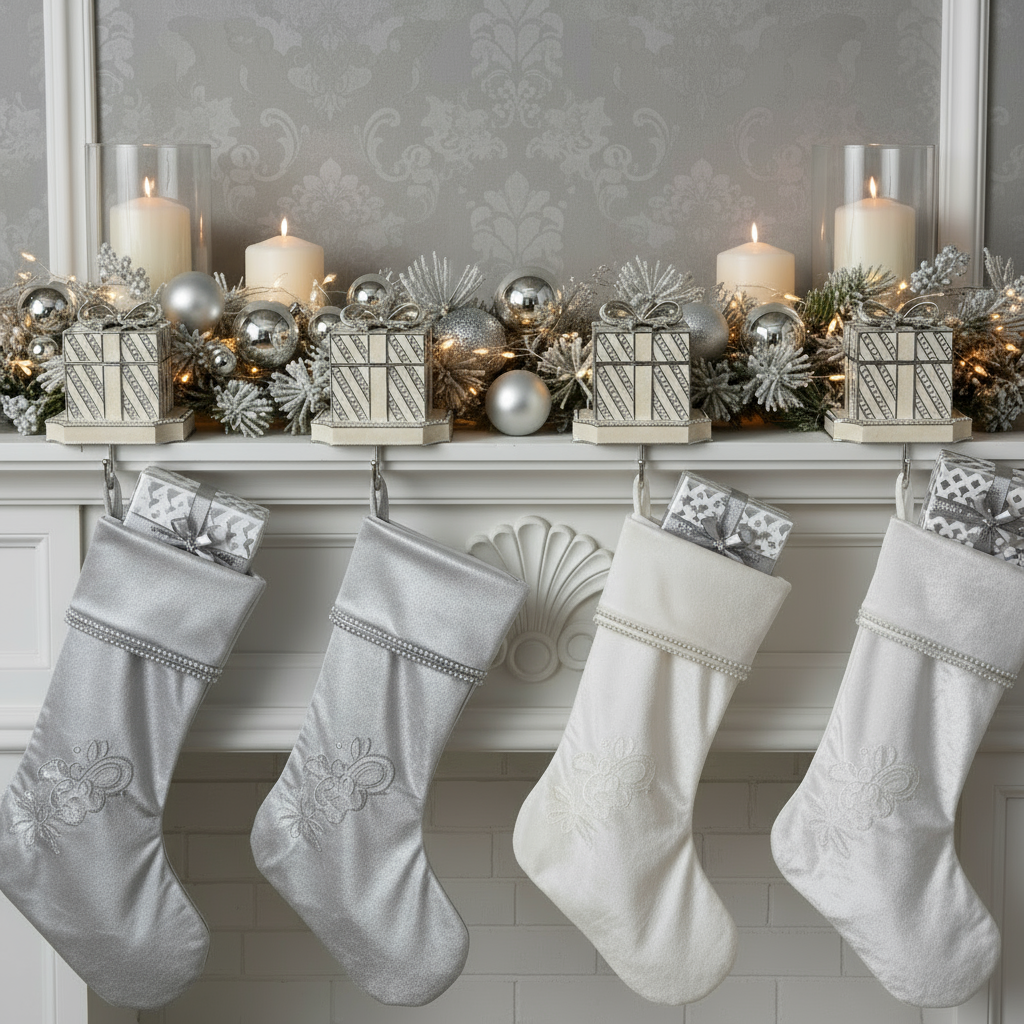 Four white White Gift Box Stocking Holder hanging on a fireplace mantle.