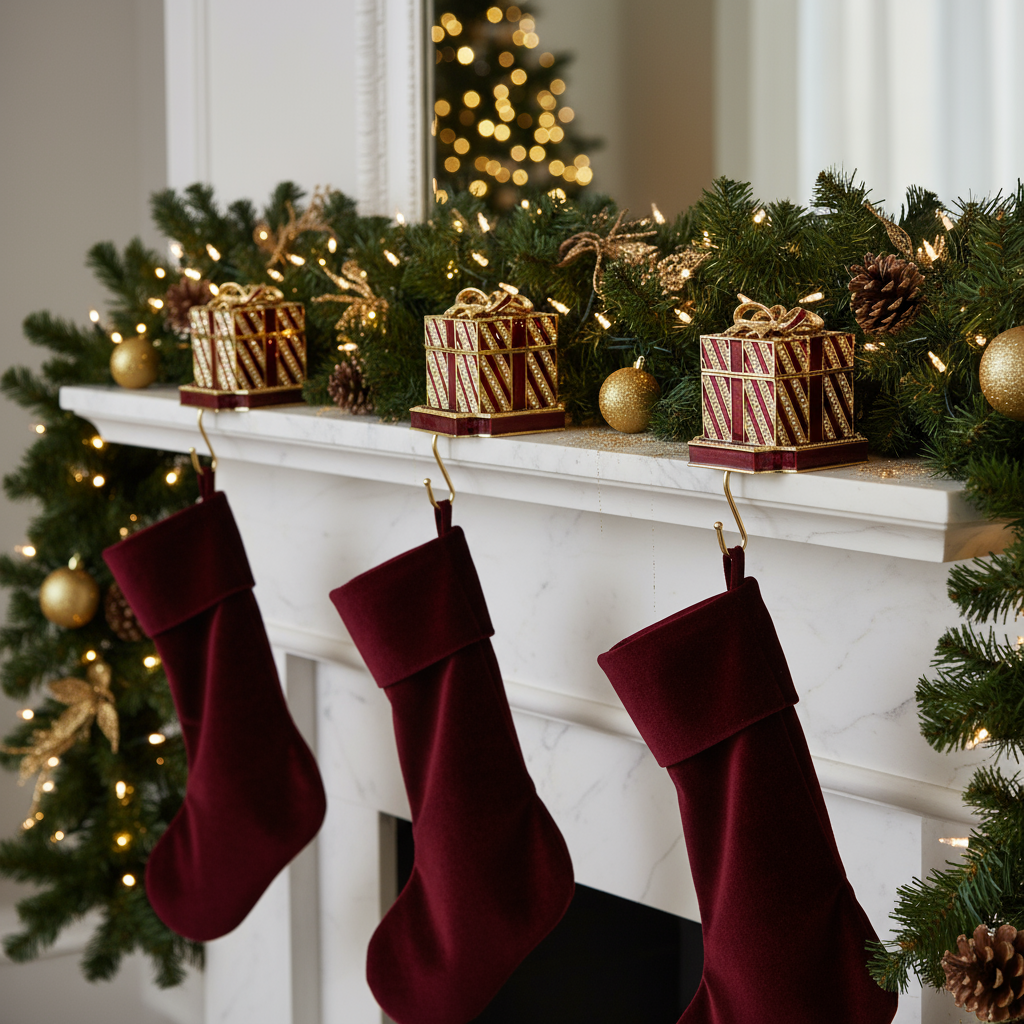 Red Christmas stockings hanging from the Red Gift Box Stocking Holders on a decorated mantelpiece.