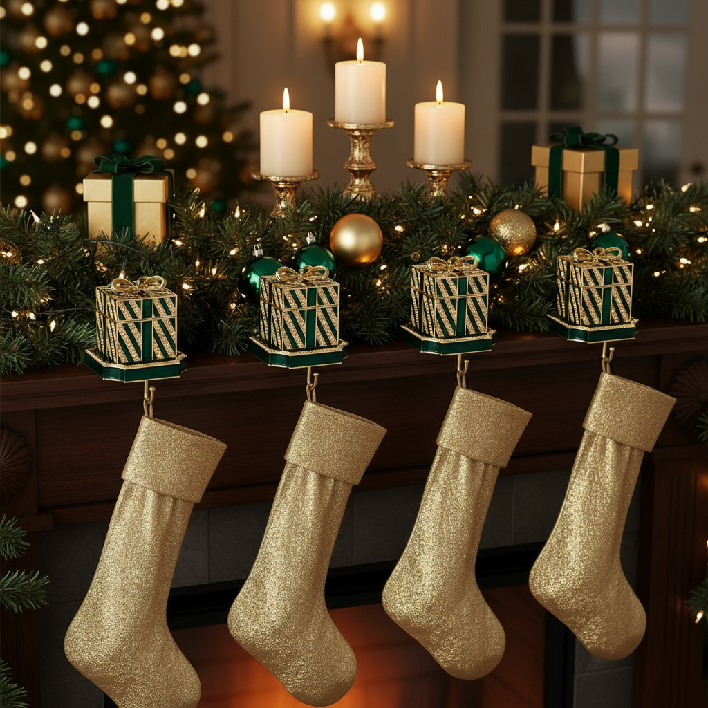 Gold glitter stockings hanging on Green Gift Box Stocking Holders on a Christmas mantel with candles and presents.