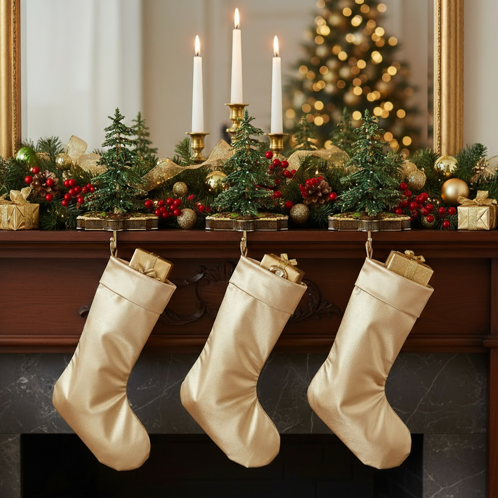 Three beige Christmas stockings hanging from Tree Stocking Holders on a fireplace mantle with festive decorations in the background.