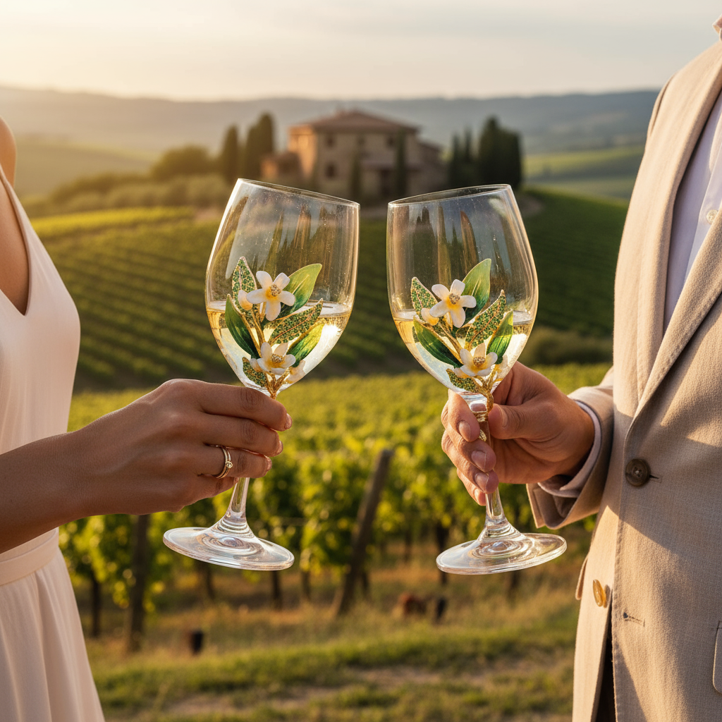 Two people holding Hannah wine glasses with a scenic Tuscan vineyard background
