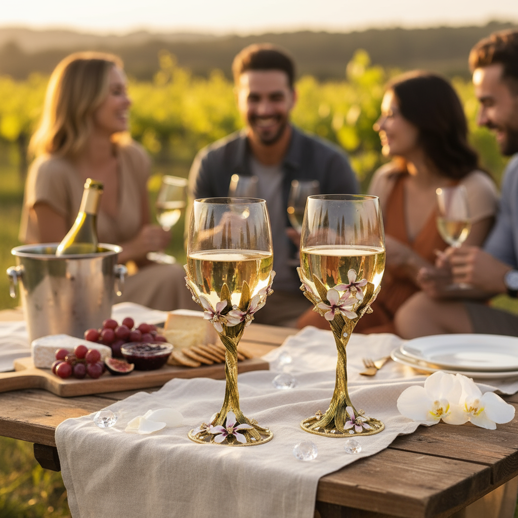 People enjoying a wine tasting outdoors with glasses of white wine on a wooden table.