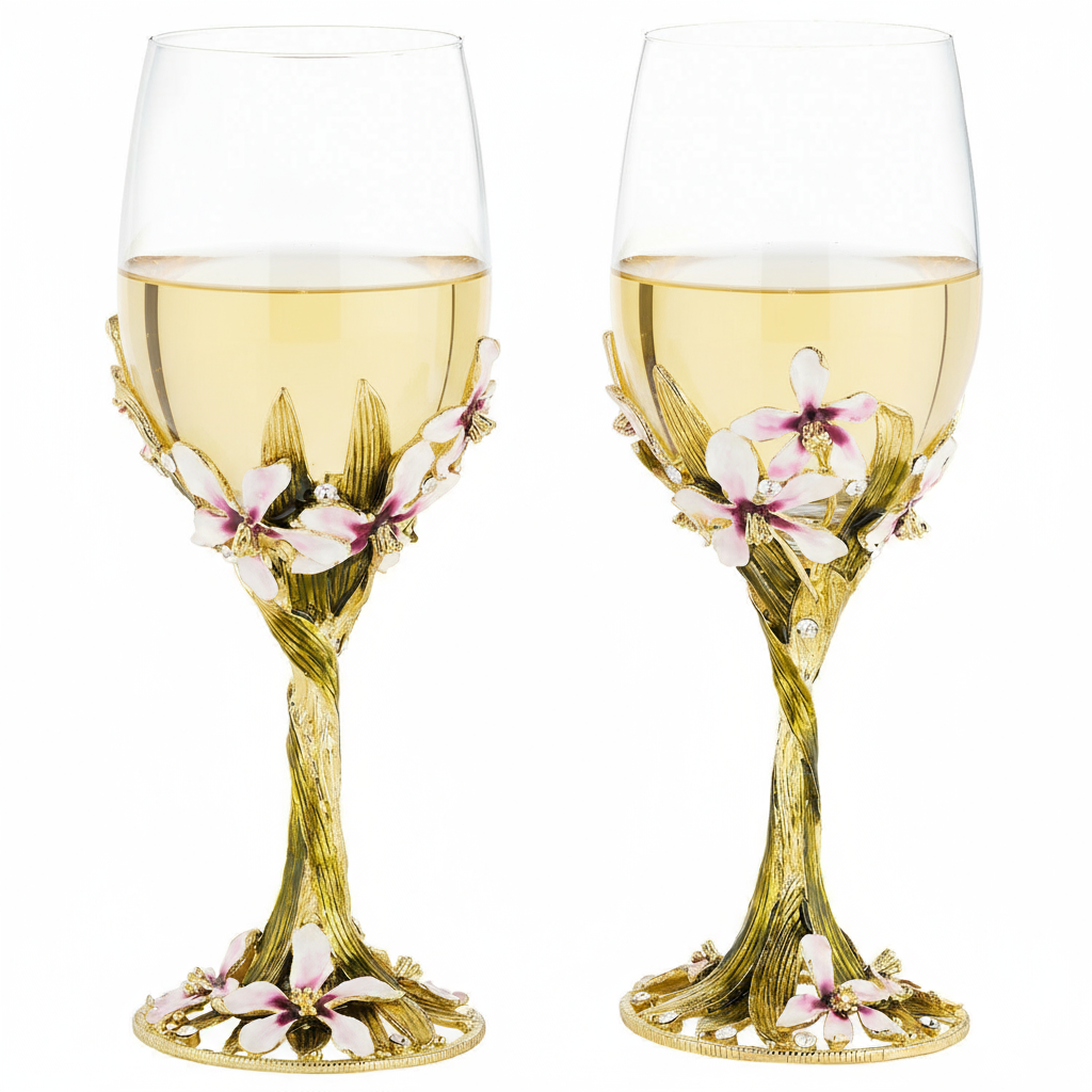 2 Orchid Delight Wine Glasses filled with white wine.