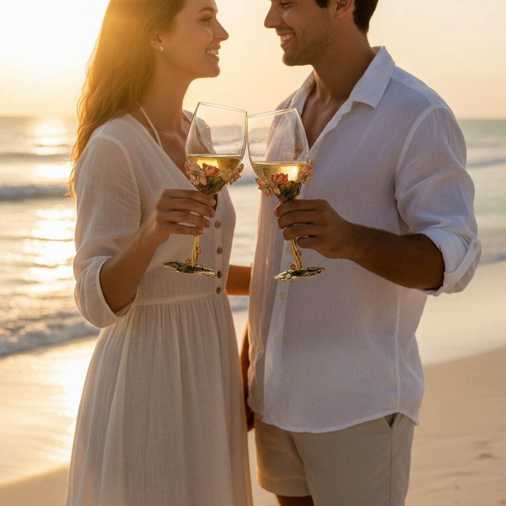 Couple holding Lotus wine glasses on a beach at sunset