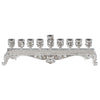 Short silver menorah with clear crystals.