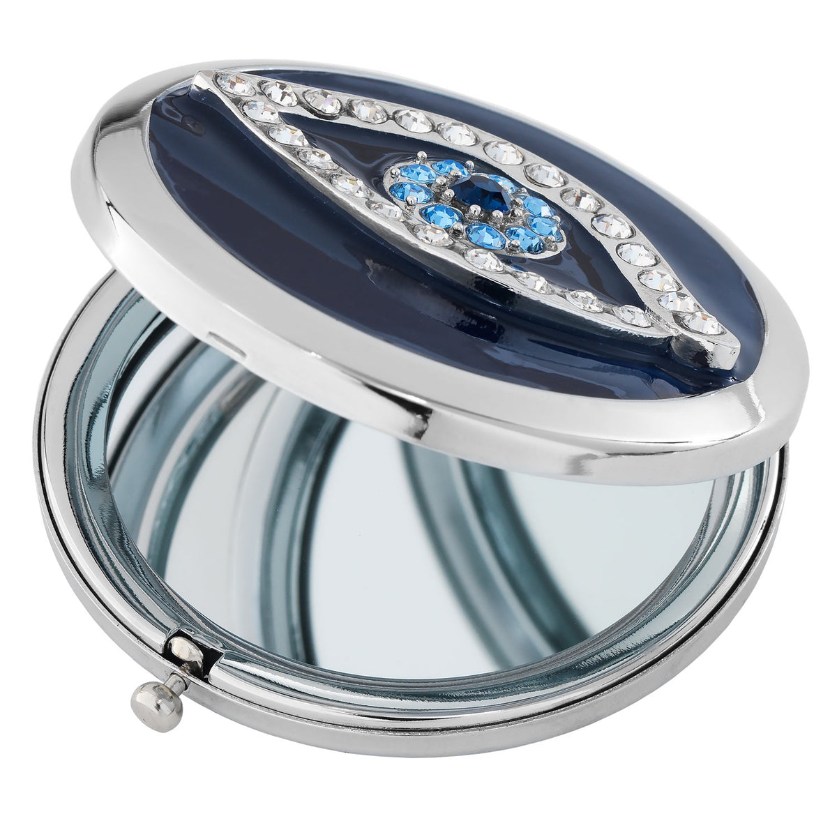 Open Evil Eye Compact showing 1 of the interior mirrors.