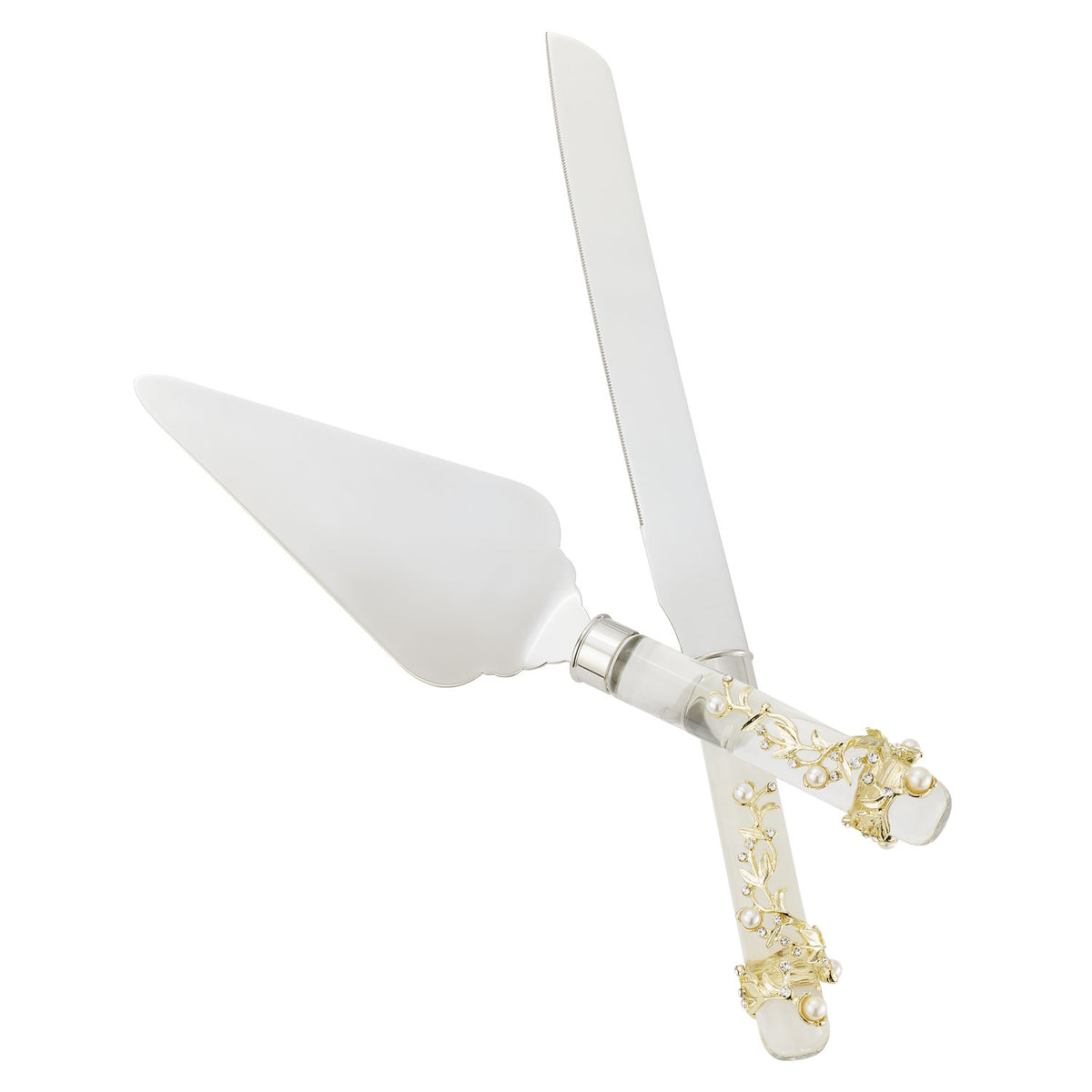 Eleanor Dessert Serving Set with glass handles adorned with pearls on a delicate gold pewter branch.