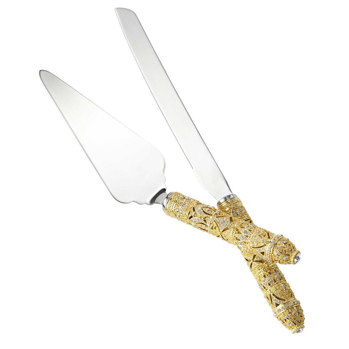 Gold Windsor Dessert Serving Set with ornate handles studded with clear crystals