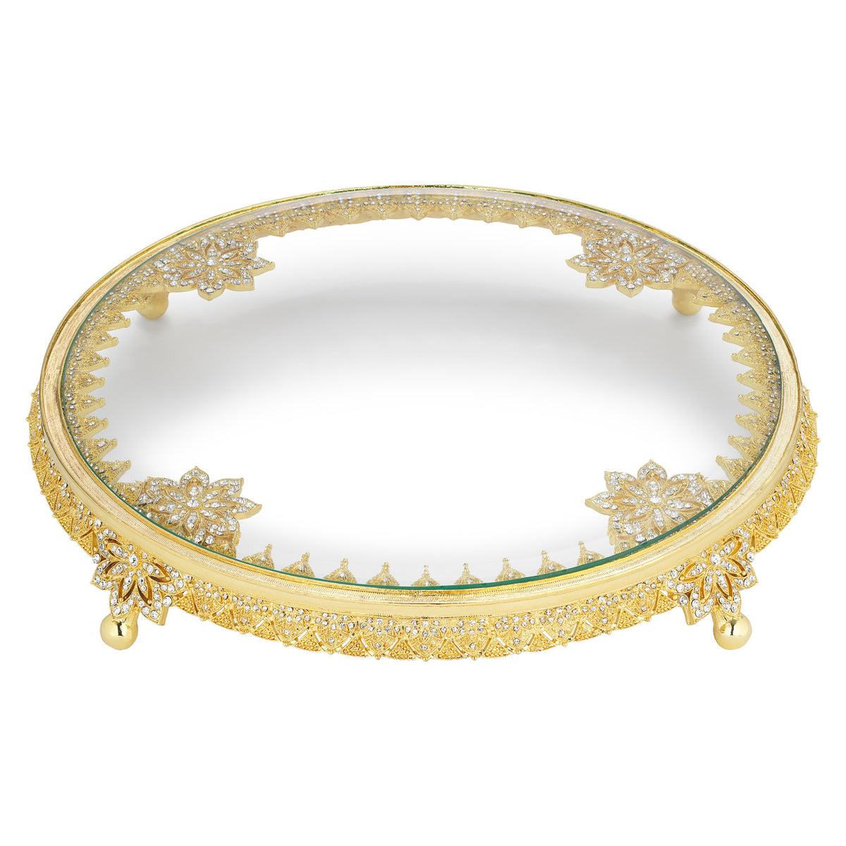 Gold Windsor Cake Plateau with an ornate border studded with clear crystals and a clear glass top.