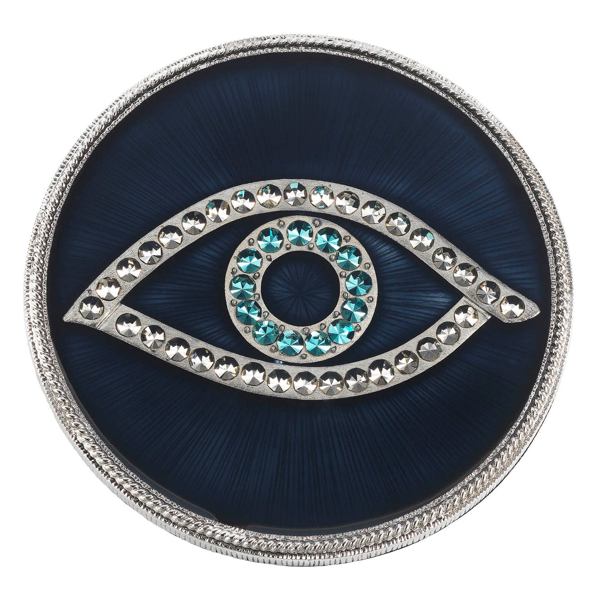 Single navy blue Evil Eye Coaster with silver-rimmed eye and light blue iris.