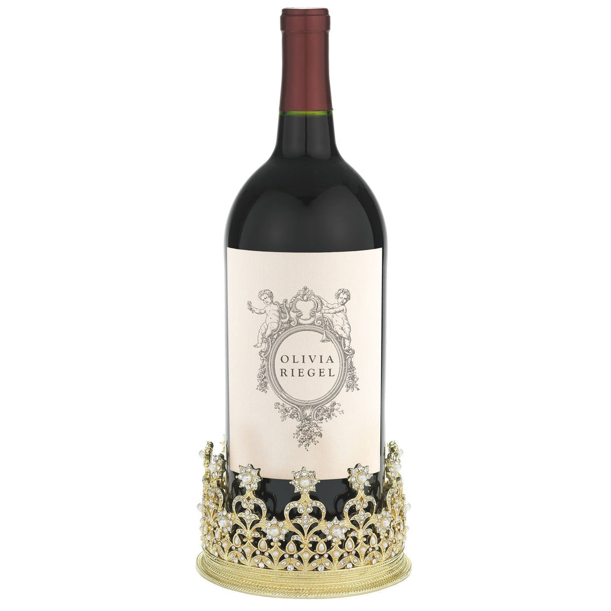 Gold Diana Crown holding wine bottle. Filigreed design with clear stones and pearls.
