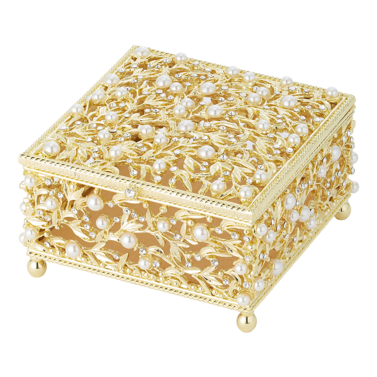 Gold, footed square Eleanor Box with pearls and clear crystals featuring a delicate branch pattern.