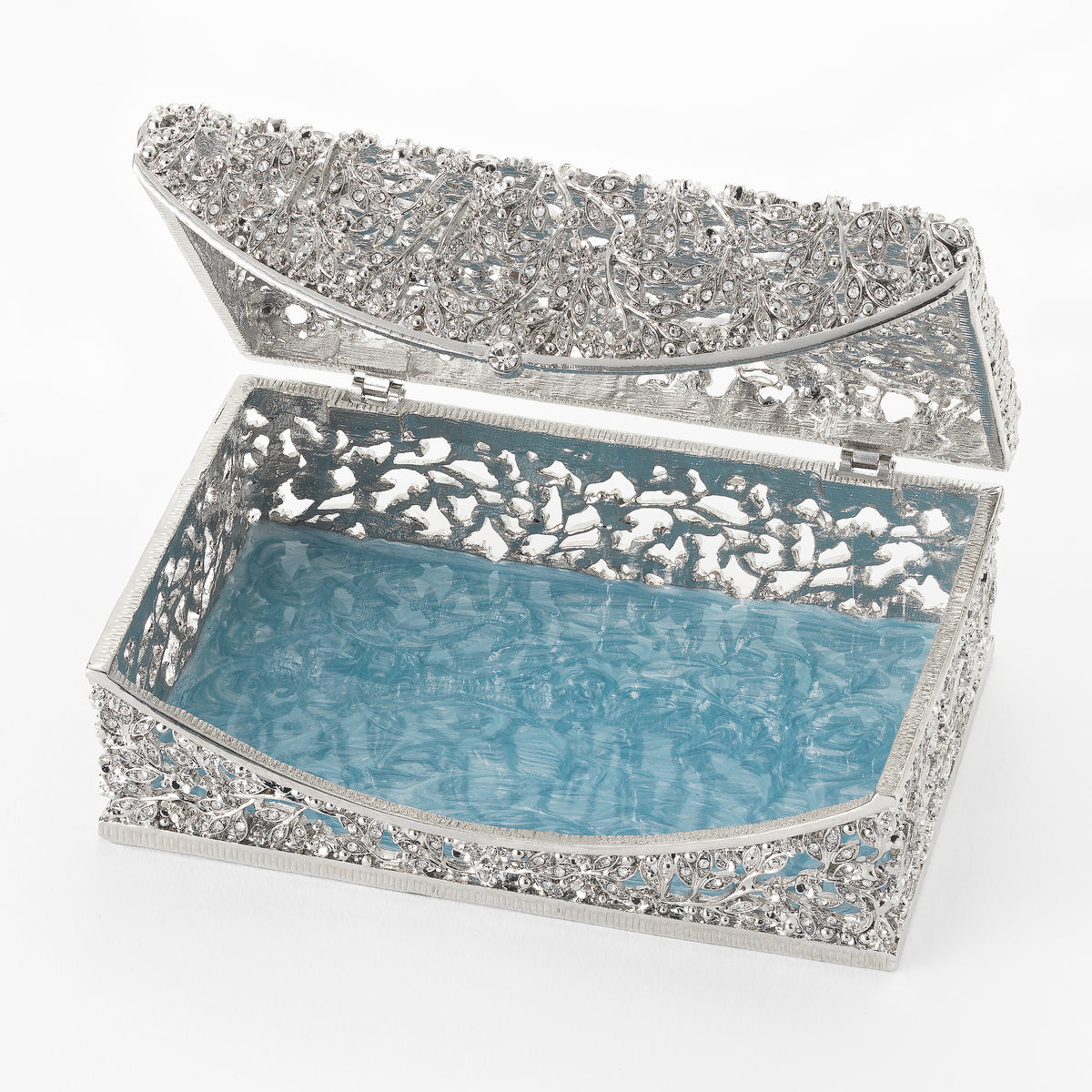 Open Silver Isadora Box with light blue interior.