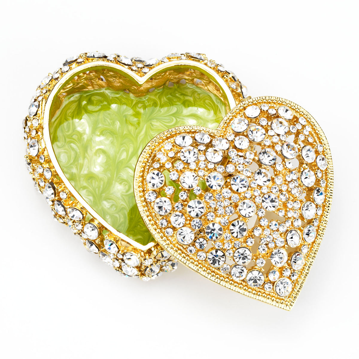 Open Princess Heart Box, wth light green interior.