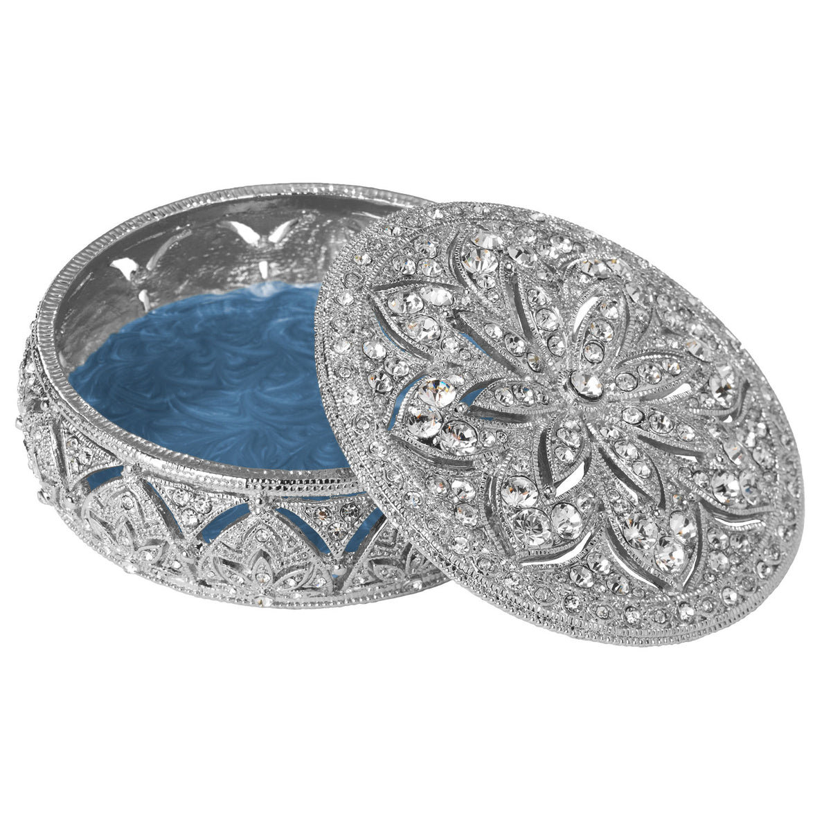 Open Silver Windsor Round Box with blue interior