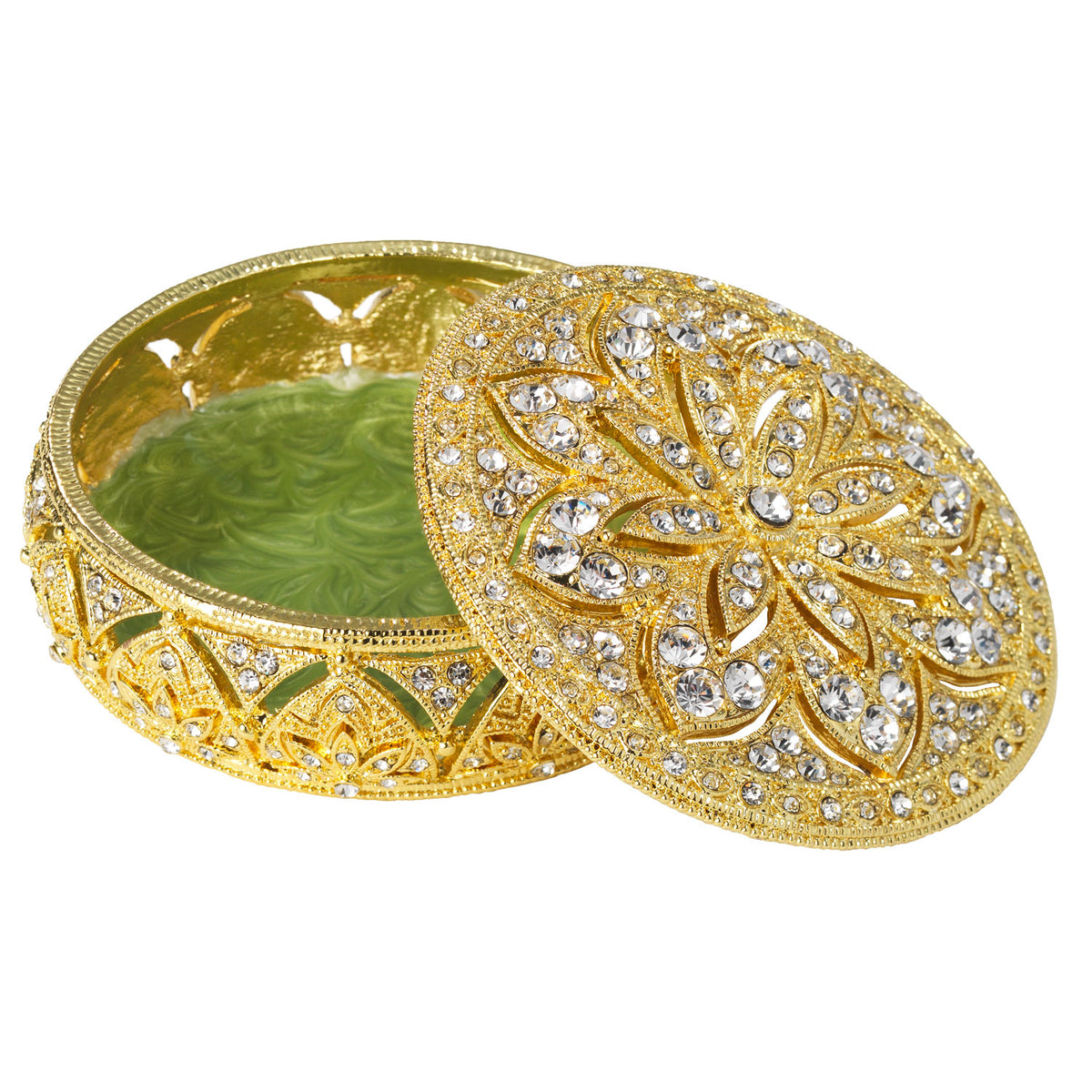 Open Gold Windsor Round Box with green interior