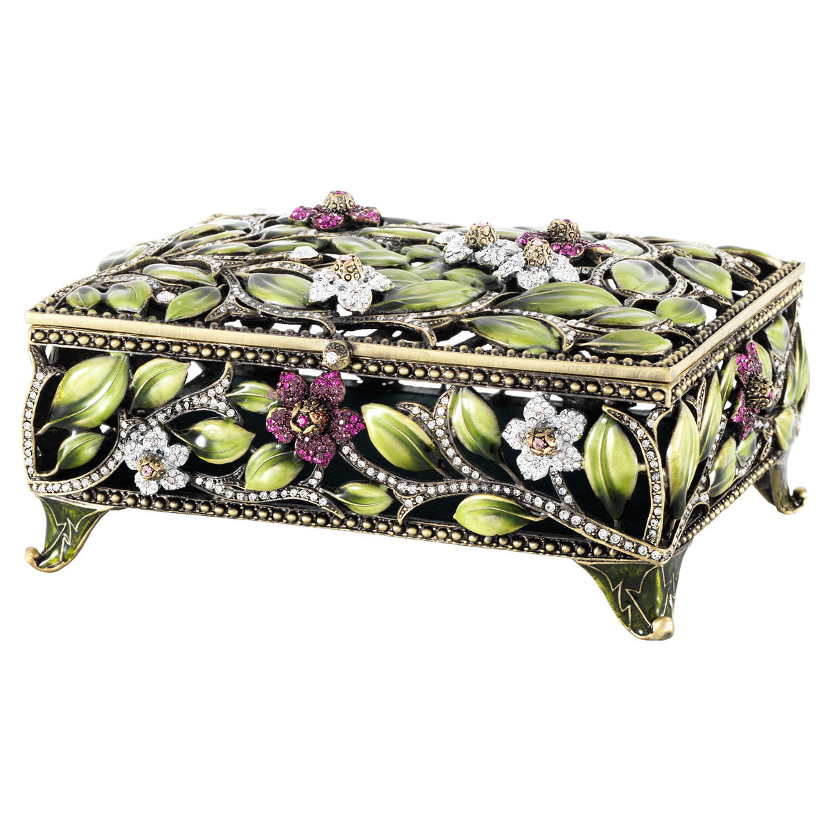 Rectangular footed Sophie Box in branch pattern with vivid green and purple/pink hues.