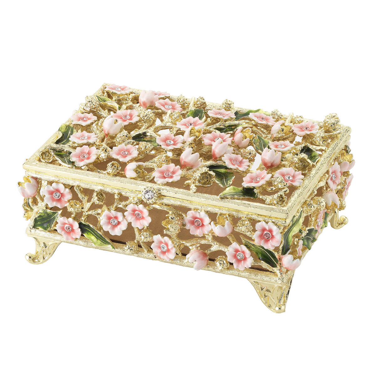 Gold rectangular footed Bella Box with tiny  pink and blush flowers and green leaves. Open-branch pattern.