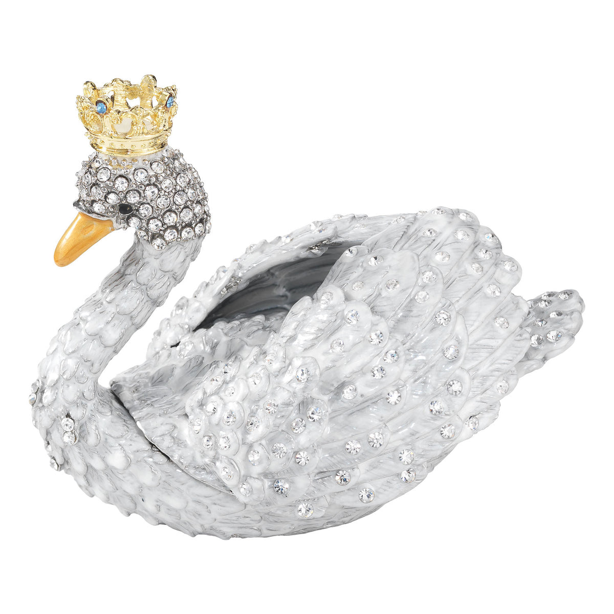 Silvery-white Swan Box with gold crown, crystal studded head, and orange beak. Removable wings serve as the lid.