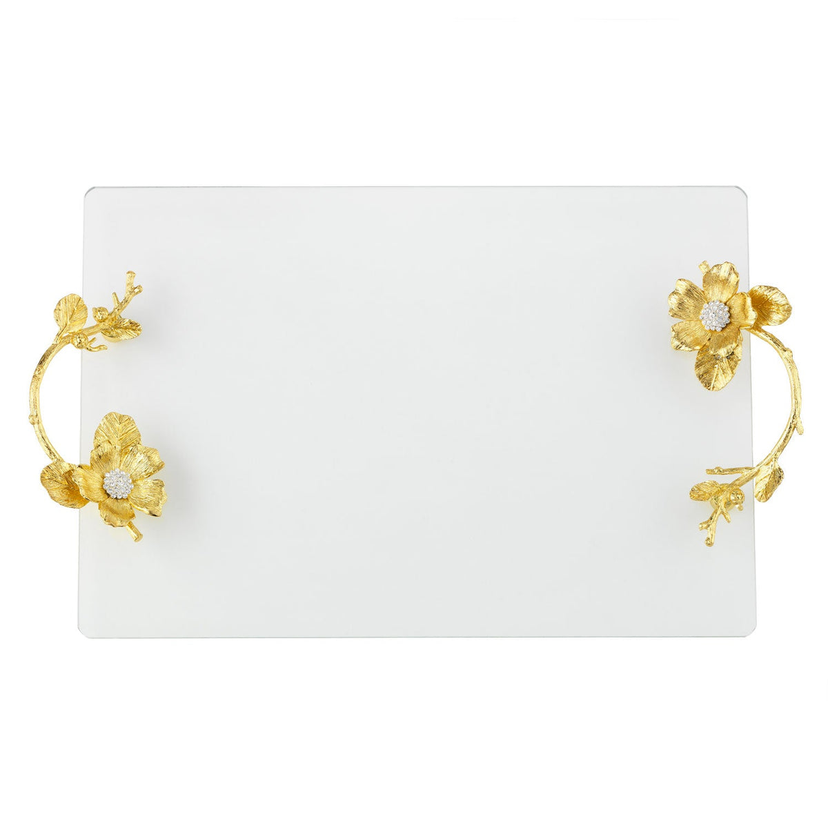 Rectangular Botanica Clear Glass Tray with textured gold floral metal handles. Bloom on one end of each handle.