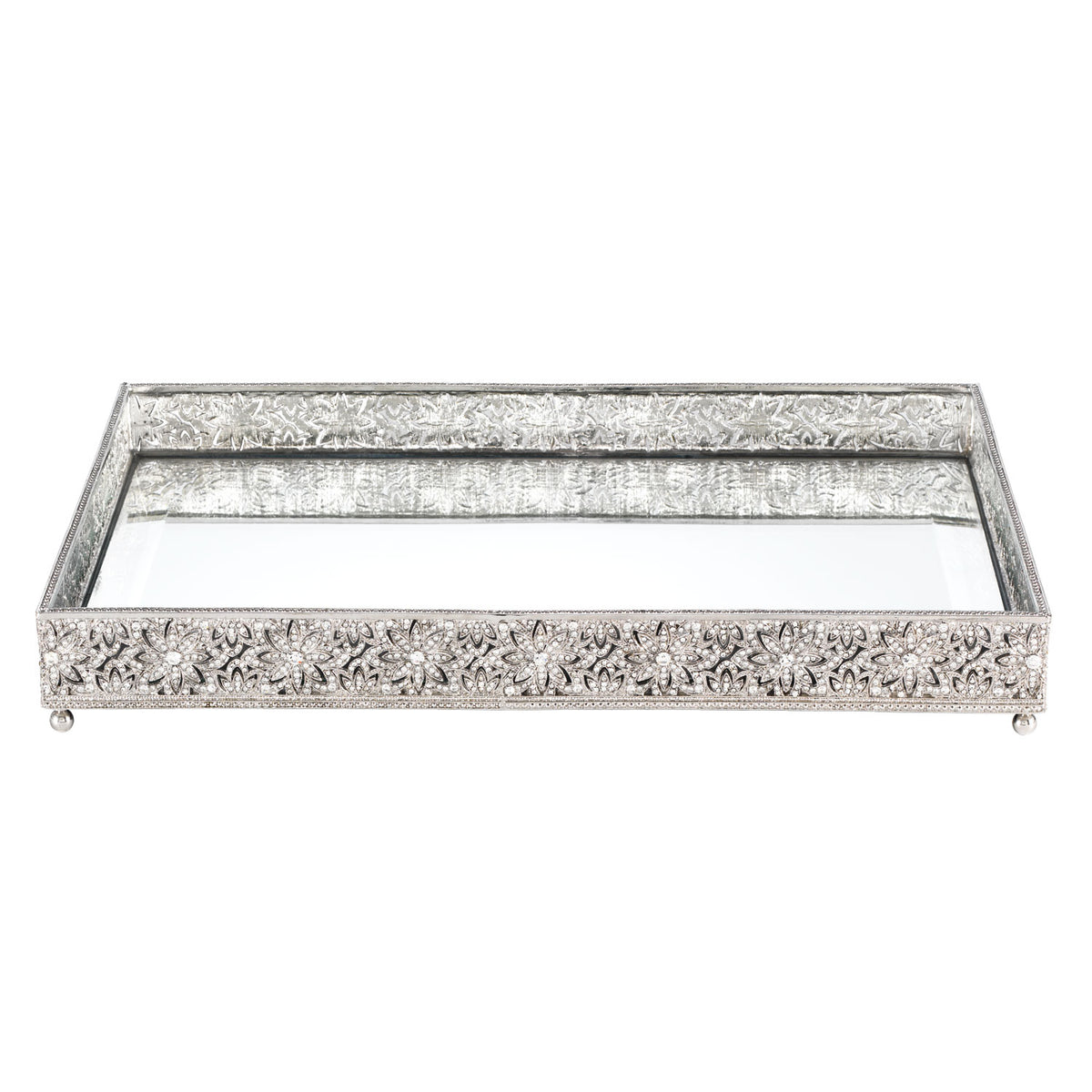 Large Silver Windsor Beveled Mirror Vanity Tray with clear crystals and inset floral motif. Gallery style rectangular tray with raised edges.