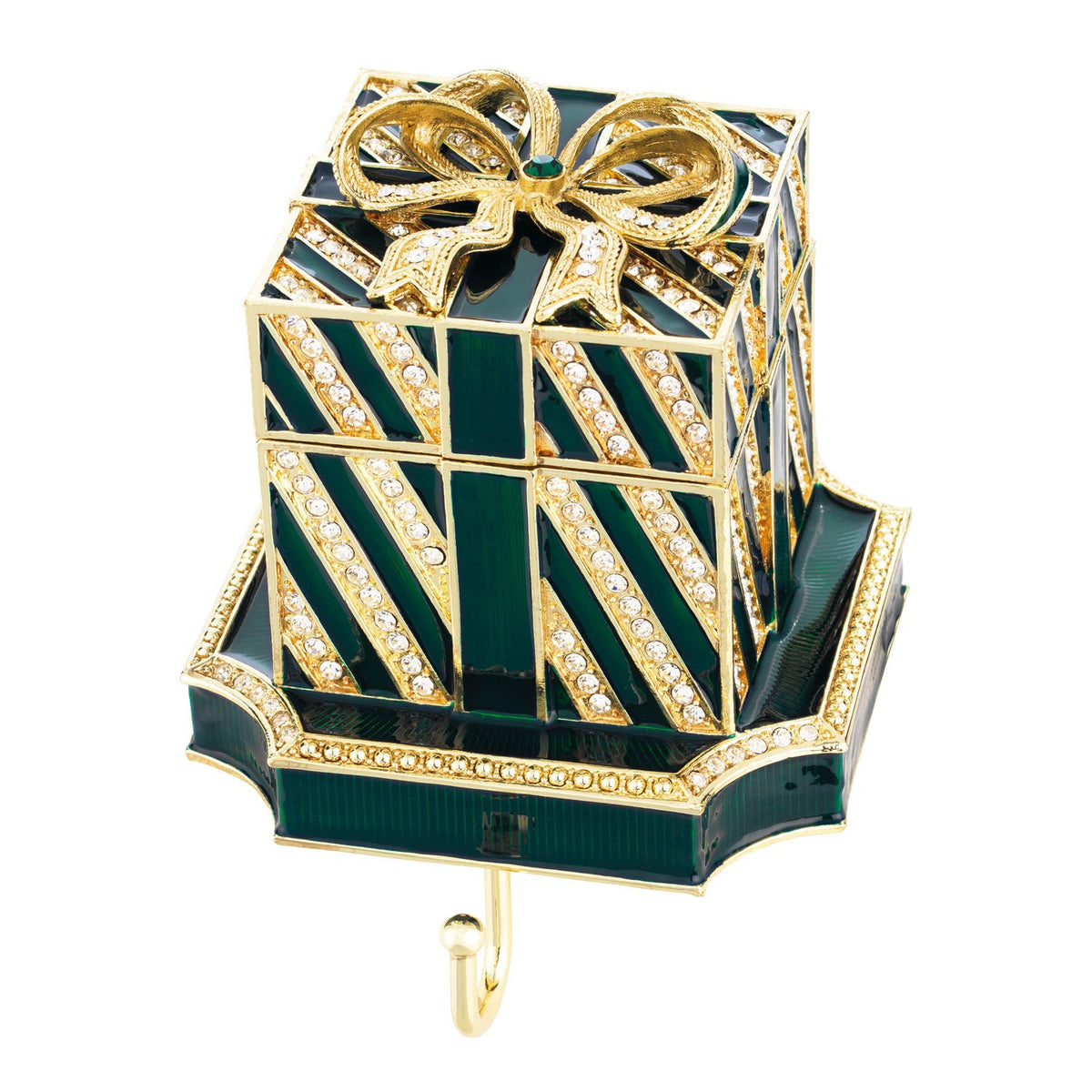 Dark Green Gift Box Stocking Holder with gold and clear crystal stripes on a green enamel base.