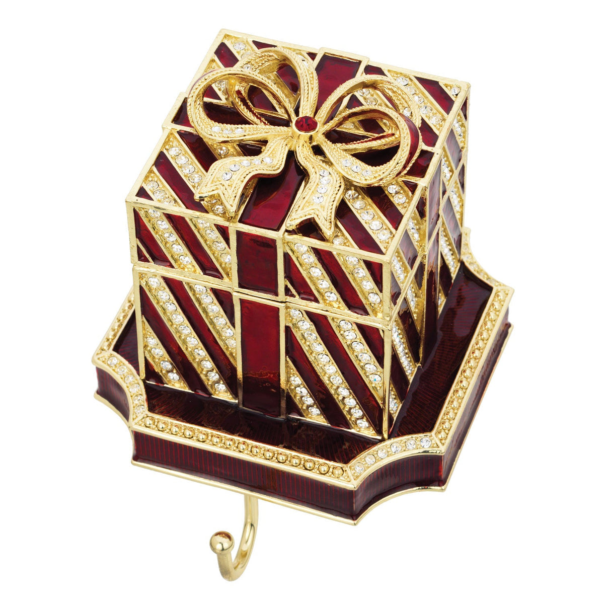 Deep Red Gift Box Stocking Holder with gold stripes and bow on a red enamel base.
