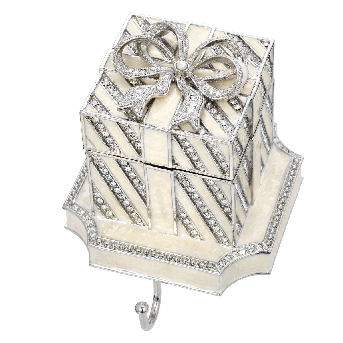 White Gift Box Stocking Holder with silver and crystal stripes and a pewter bow..