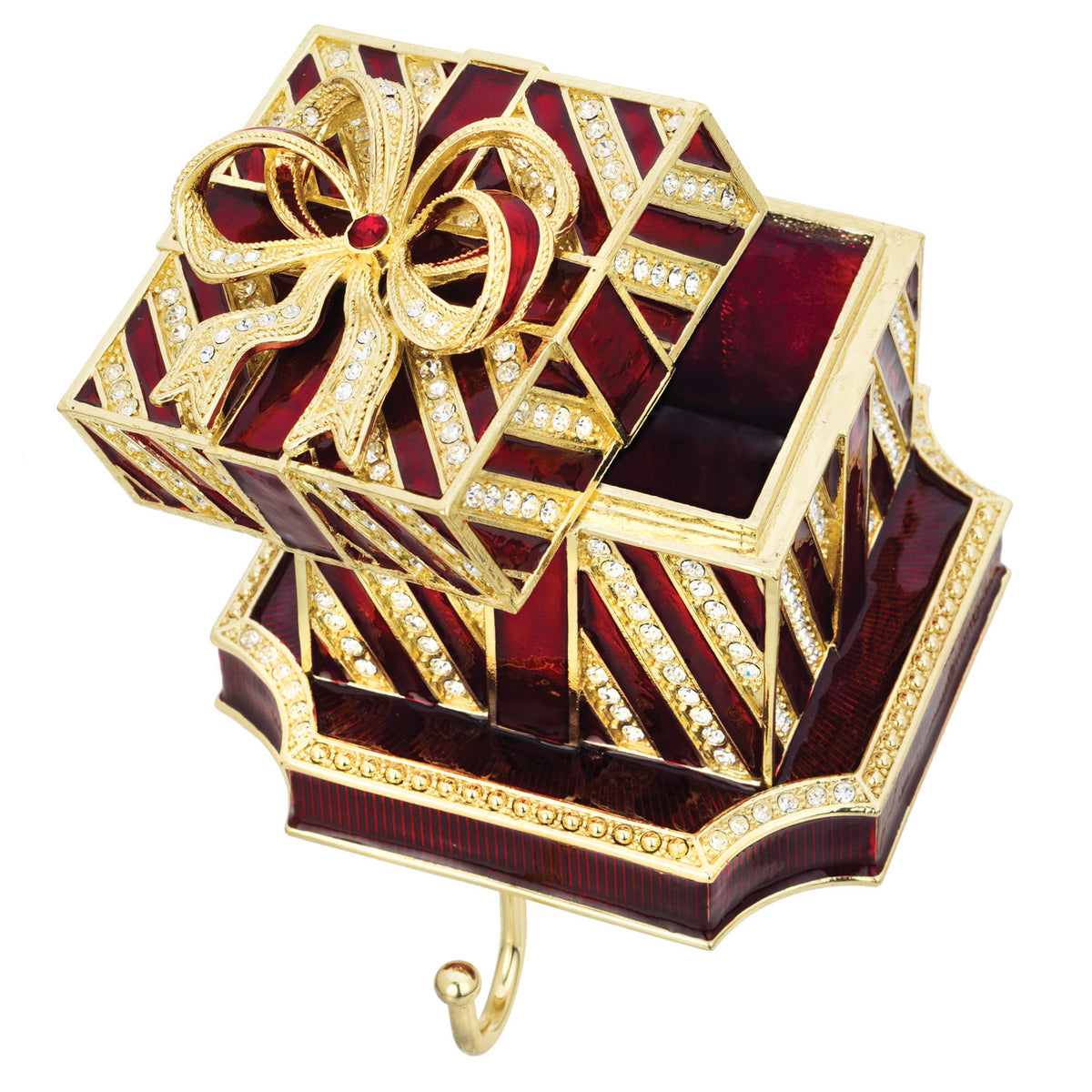 Open Gift Box Stocking Holder with red enamel interior.